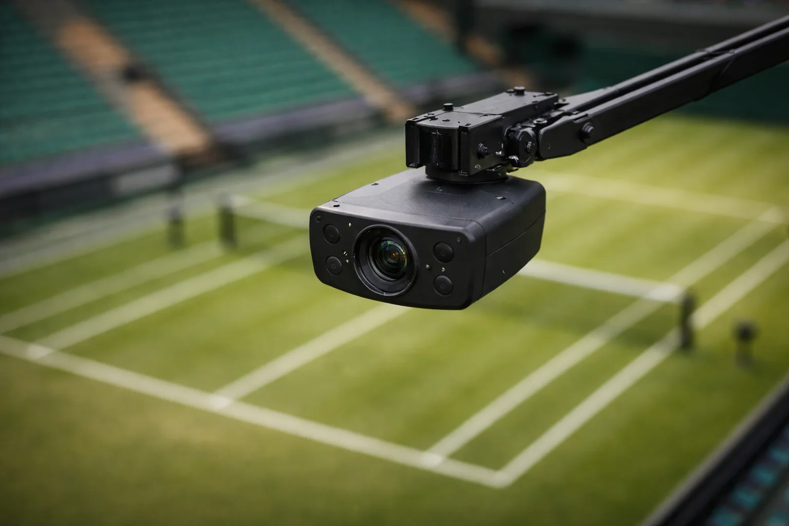Cámara de alta velocidad del sistema Hawk-Eye instalada en la grada de una pista de tenis durante un partido