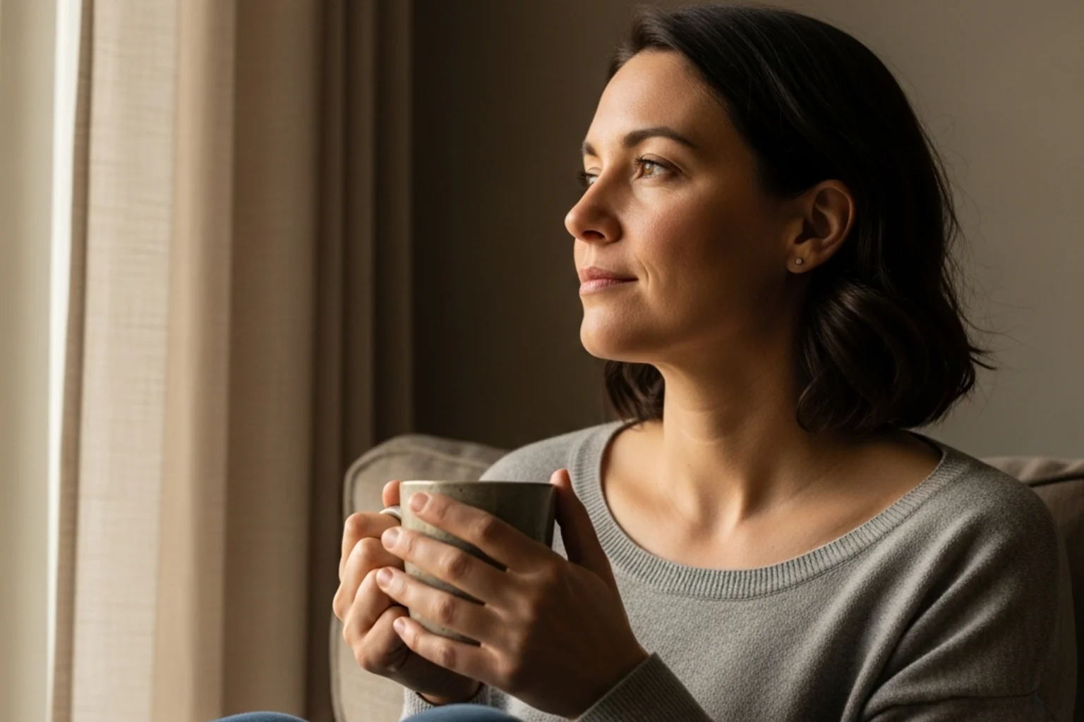 Persona adulta sentada junto a una ventana con expresión pensativa y una taza entre las manos en ambiente sereno