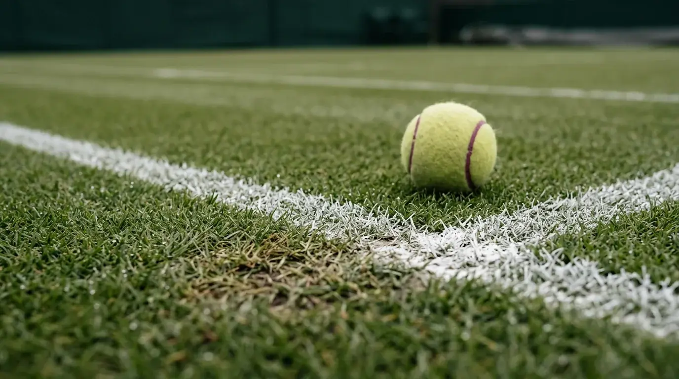 Pista de hierba del All England Club vista a ras de suelo con las líneas blancas y la hierba corta y cuidada característica de Wimbledon